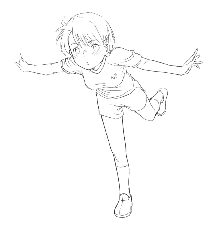 babynine, balance, balancing, blush, minato_fumi, monochrome, outstretched_arms, short_hair
