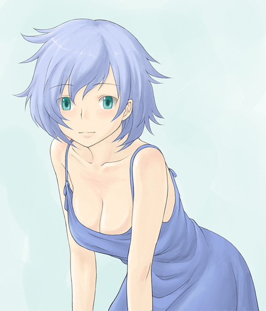 babynine, blue_hair, blush, breasts, cleavage, dress, large_breasts, minato_fumi