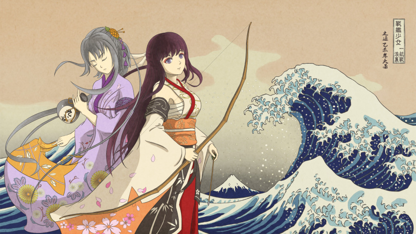 akagi_(zhan_jian_shao_nyu), arrow, bow_(weapon), breasts, brown_hair, closed_eyes, grey_hair, highres