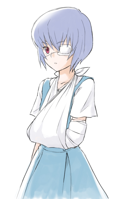 ayanami_rei, babynine, bandage_over_one_eye, bandages, blue_hair, cast, child, eyepatch