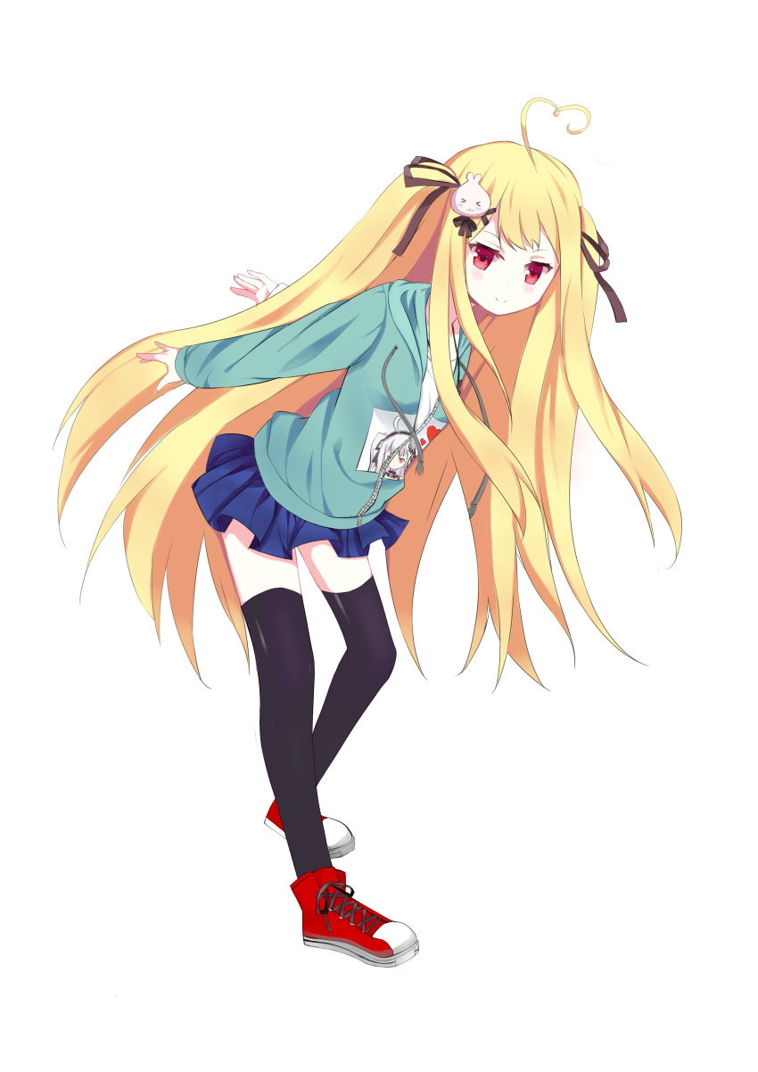 1girl, absurdres, ahoge, black_legwear, blonde_hair, blush, chinese, commentary_request