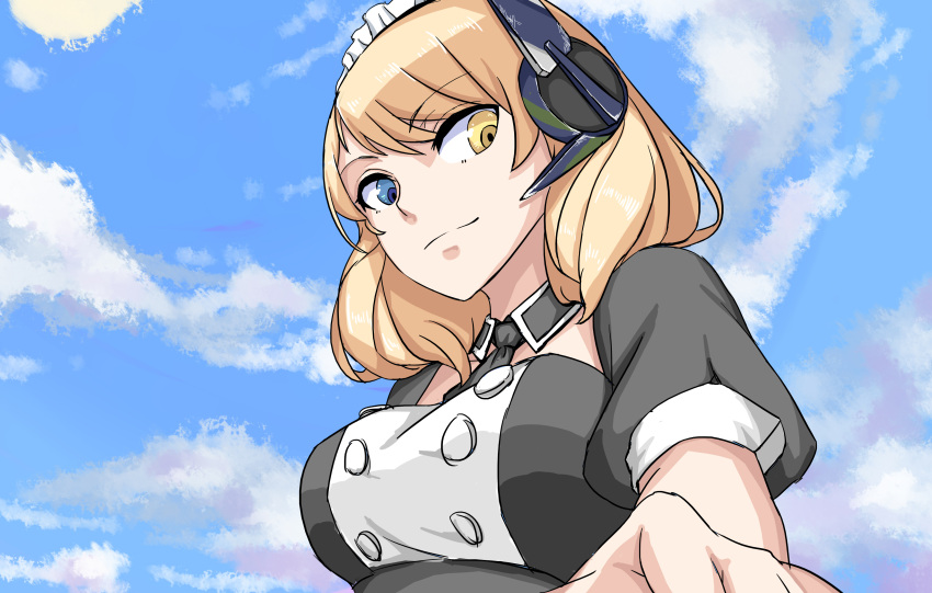 1girl, absurdres, alternate_costume, blonde_hair, blue_eyes, blue_sky, breasts, clouds