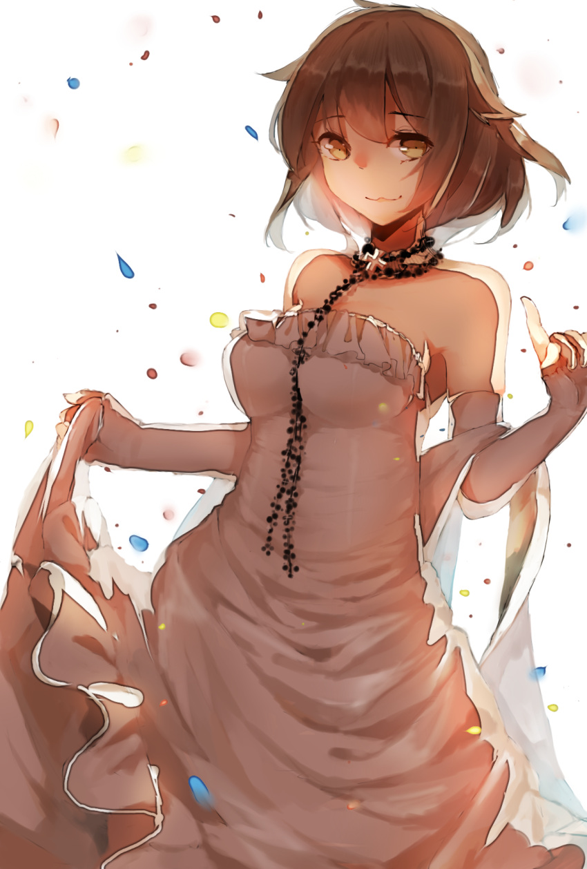 1girl, ahoge, bismarck_(zhan_jian_shao_nyu), brown_eyes, brown_hair, confetti, dress, elbow_gloves