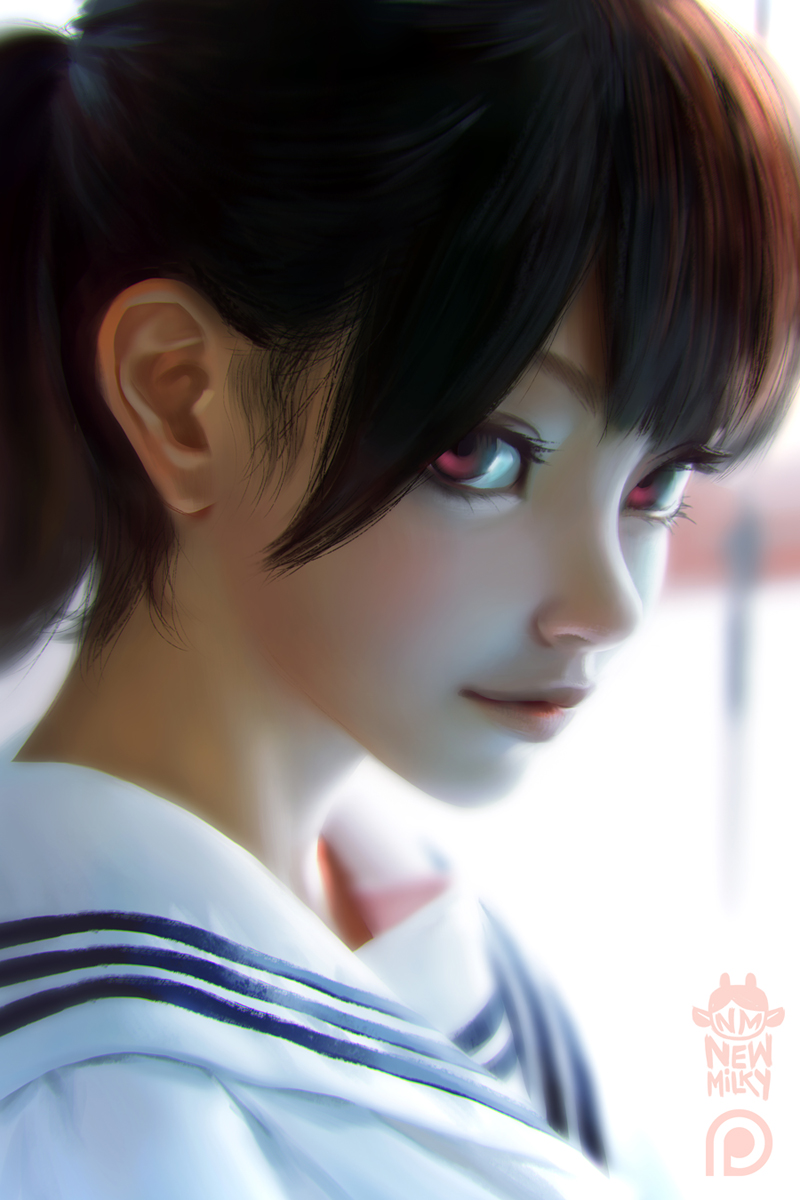 1girl, anna_nikonova, artist_name, black_hair, blouse, closed_mouth, eyelashes, face