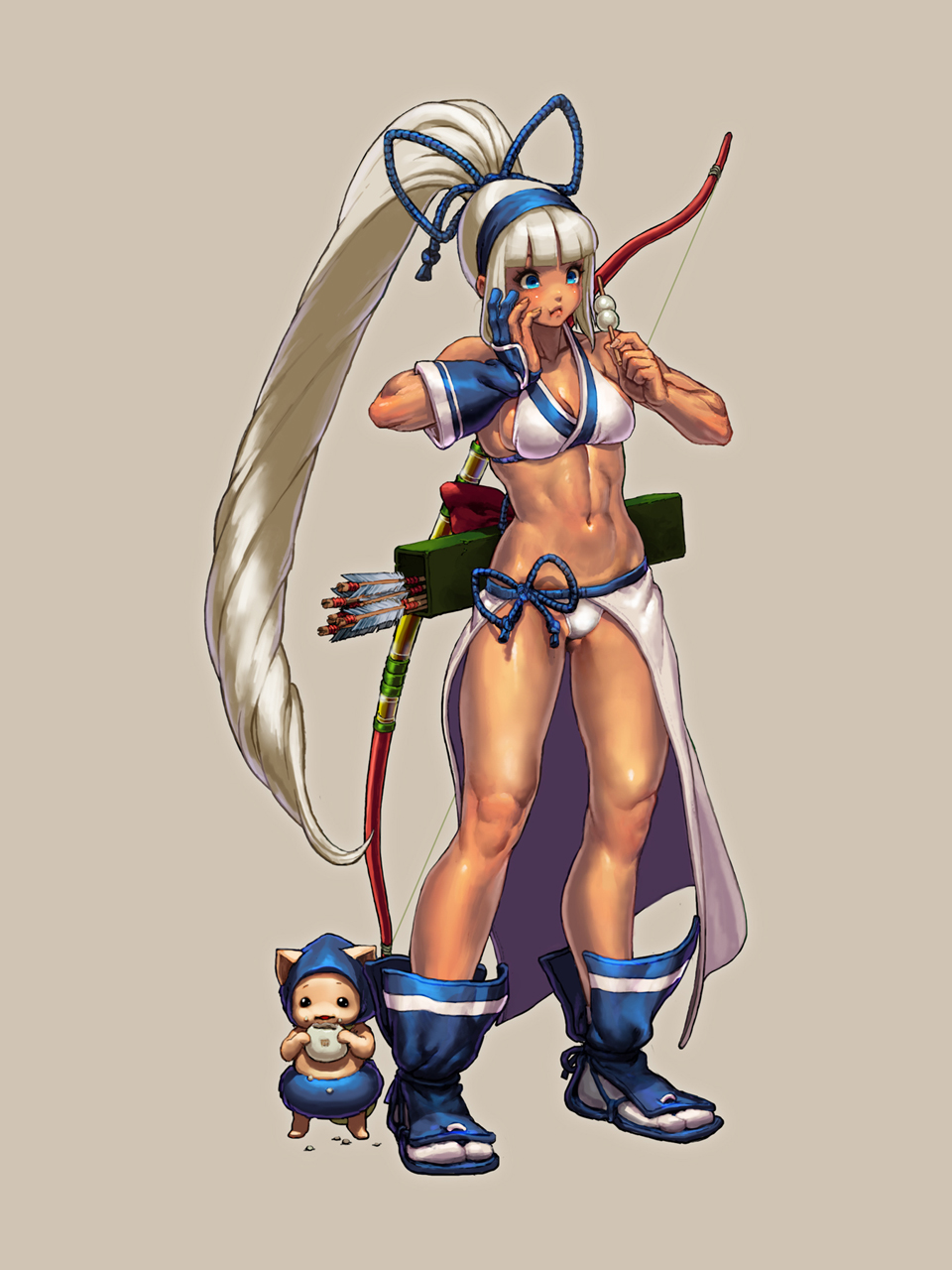 1boy, 1girl, :t, abs, arrow, bangs, bare_shoulders, blue_eyes