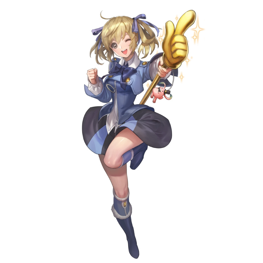1girl, blonde_hair, boots, full_body, hair_ribbon, highres, leg_lift, long_sleeves