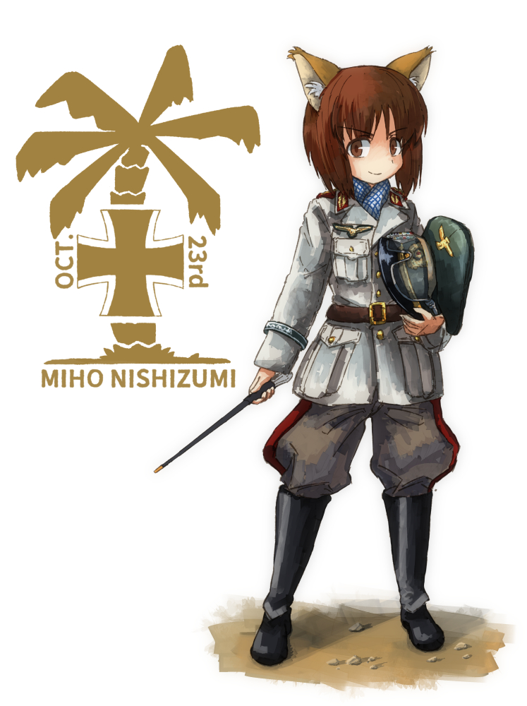1girl, afrika_korps, animal_ears, belt, birthday, boots, brown_eyes, brown_hair