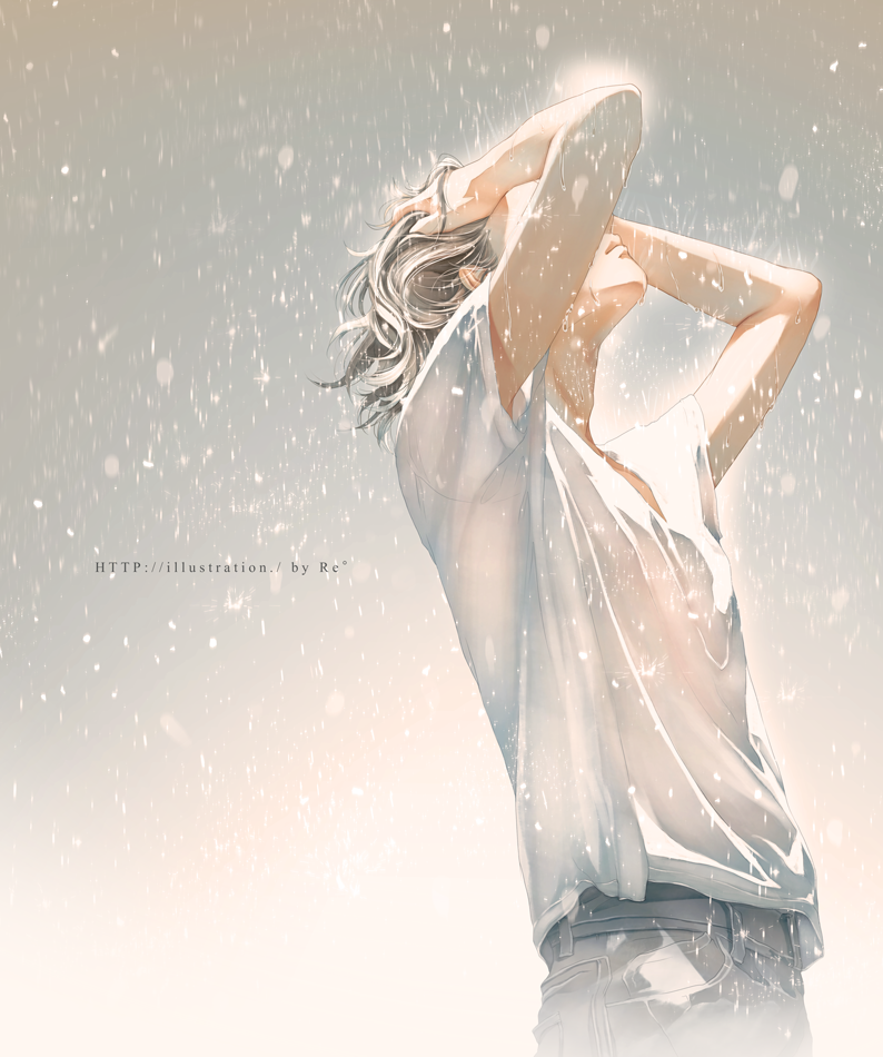 1boy, brown_hair, commentary, cowboy_shot, denim, hands_up, jeans, looking_up, male_focus, original, pants, profile, rain, re_degrees_(red_flagship), shirt, short_hair, solo, water_drop, watermark, wet, wet_clothes, wet_shirt