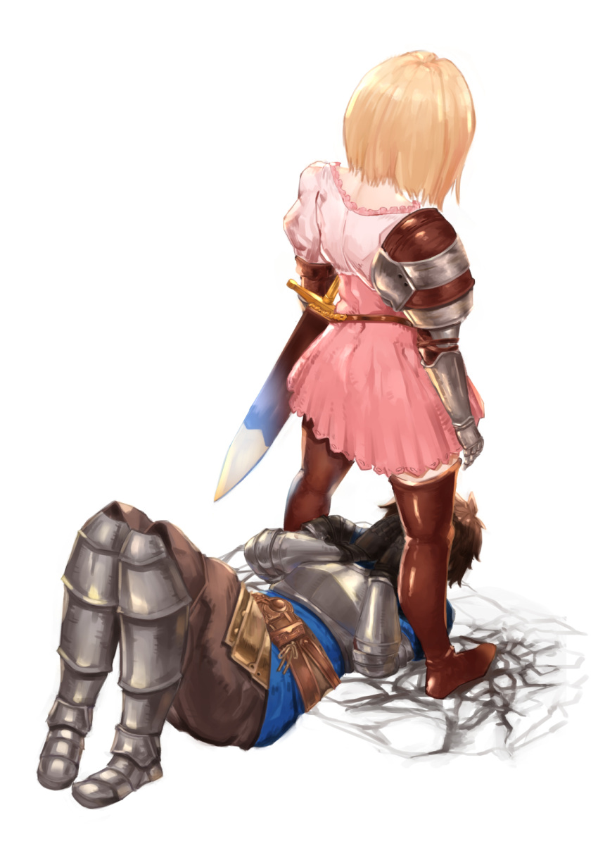 1boy, 1girl, 2girls, armor, belt, blonde_hair, blue_shirt, brown_hair