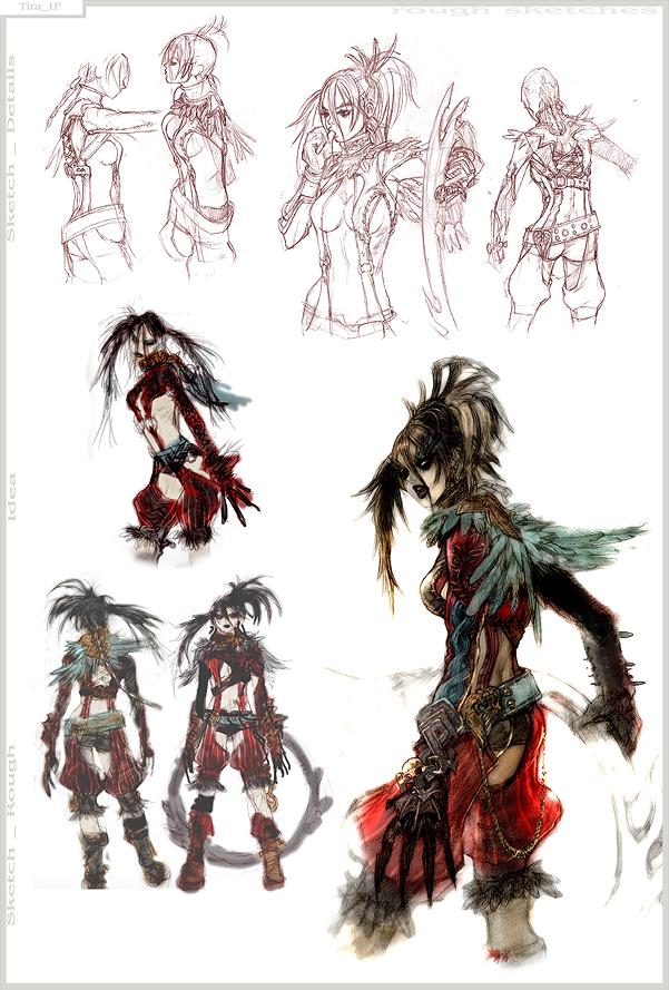 black_hair, concept_art, feathers, gauntlets, shorts, soul_calibur, soulcalibur, thumb_sucking