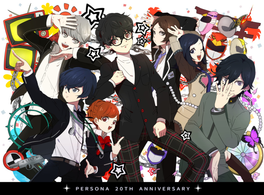 2girls, 5boys, amano_maya, anniversary, arisato_minato, black_hair, blue_hair, bow, bowtie, brown_hair, butterfly, chain, cheeseko, crt, digital_media_player, female_protagonist_(persona_3), glasses, grey_eyes, grey_hair, headphones, houndstooth, jojo_no_kimyou_na_bouken, jojo_pose, kurusu_akira, looking_at_viewer, mask, multiple_boys, multiple_girls, narukami_yuu, necktie, parody, persona, persona_1, persona_2, persona_3, persona_3_portable, persona_4, persona_5, pose, school_uniform, short_hair, smile, suou_tatsuya, television, toudou_naoya, watch, yuuki_makoto