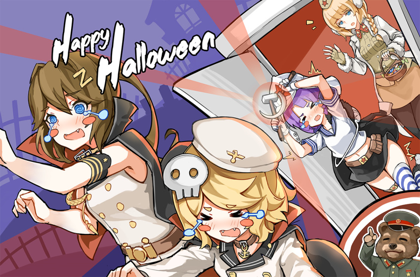 /\/\/\, 15k, 4girls, aiguillette, anchor, arm_up, armband, armpits, arms_up, bangs, basket, bear, belt, black_cape, black_legwear, blonde_hair, blue_eyes, blunt_bangs, blush, blush_stickers, braid, breasts, brown_belt, brown_gloves, brown_hair, brown_shirt, brown_skirt, buttons, candy, cape, closed_eyes, coat, collar, commentary, door, doorway, double-breasted, earmuffs, engels_(zhan_jian_shao_nyu), english, eyebrows, eyebrows_visible_through_hair, fangs, fingerless_gloves, fleeing, fur_trim, garrison_cap, gloves, hair_ornament, hair_over_shoulder, halloween, hammer_and_sickle, hat, holding, jacket, kirov_(zhan_jian_shao_nyu), long_sleeves, midriff, military, military_uniform, multiple_girls, navel, open_clothes, open_coat, open_door, pantyhose, pocket, pointing, ponytail, pouch, purple_hair, shirt, short_hair, short_sleeves, single_thighhigh, skirt, skull_hair_ornament, sleeveless, small_breasts, soviet_bearmidral_(zhan_jian_shao_nyu), star, star_print, striped, striped_legwear, tears, text, thigh-highs, thigh_strap, uniform, wavy_mouth, white_coat, white_gloves, white_hat, white_jacket, white_shirt, z16_friedrich_eckoldt_(zhan_jian_shao_nyu), z1_leberecht_maass_(zhan_jian_shao_nyu), zhan_jian_shao_nyu