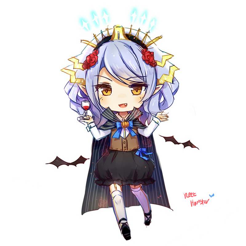 1girl, alternate_costume, artist_name, bangs, bat, black_cape, black_shoes, black_skirt, blue_bow, blue_hair, blue_ribbon, bow, bubble_skirt, cape, chibi, cup, drinking_glass, flower, full_body, garter_straps, hair_flower, hair_ornament, halloween, hamster_(hanmster), headgear, holding_glass, juno_(zhan_jian_shao_nyu), looking_at_viewer, parted_bangs, pointy_ears, ribbon, shoes, simple_background, skirt, solo, standing, text, thigh-highs, vampire, vampire_costume, waistcoat, white_background, white_legwear, wine_glass, yellow_eyes, zhan_jian_shao_nyu
