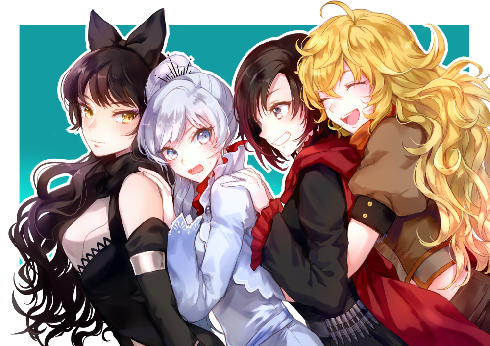 4girls, ^_^, ahoge, aqua_background, bangs, black_bow, black_hair, black_scarf, blake_belladonna, blonde_hair, blue_eyes, blush, bow, breasts, bullet, cape, closed_eyes, closed_mouth, eyebrows, eyebrows_visible_through_hair, eyelashes, frilled_sleeves, frills, from_side, gradient_hair, grey_eyes, grin, hair_between_eyes, hair_bow, hair_over_shoulder, hand_on_another's_shoulder, happy, hug, hug_from_behind, kino25_n, long_hair, long_sleeves, looking_at_another, looking_at_viewer, medium_breasts, messy_hair, midriff, multicolored_hair, multiple_girls, open_mouth, outline, outside_border, ponytail, redhead, ruby_rose, rwby, scar, scar_across_eye, scarf, short_hair, short_sleeves, smile, sweatdrop, two-tone_hair, upper_body, wavy_hair, weiss_schnee, white_border, white_hair, yang_xiao_long, yellow_eyes