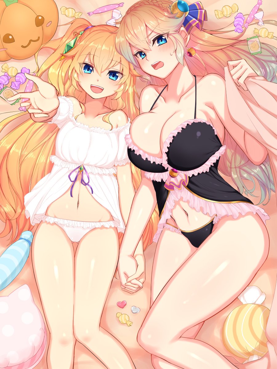 2girls, :3, babydoll, bare_shoulders, bed_sheet, black_panties, blanket, blanket_grab