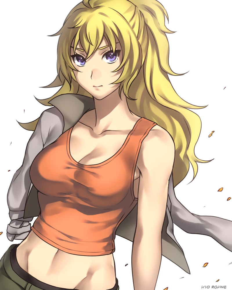 1girl, ahoge, amputee, artist_name, bangs, blonde_hair, breasts, cleavage, closed_mouth, collarbone, cowboy_shot, crop_top, eyebrows, hair_between_eyes, jacket_on_shoulders, kio_rojine, long_hair, looking_at_viewer, medium_breasts, midriff, orange_shirt, rwby, shirt, simple_background, sleeveless, solo, spoilers, stomach, tied_sleeves, violet_eyes, white_background, yang_xiao_long