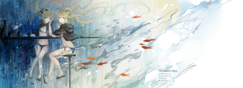 2girls, :d, absurdres, albacore_(zhan_jian_shao_nyu), american_flag_bikini, archerfish_(zhan_jian_shao_nyu), artist_name, bikini