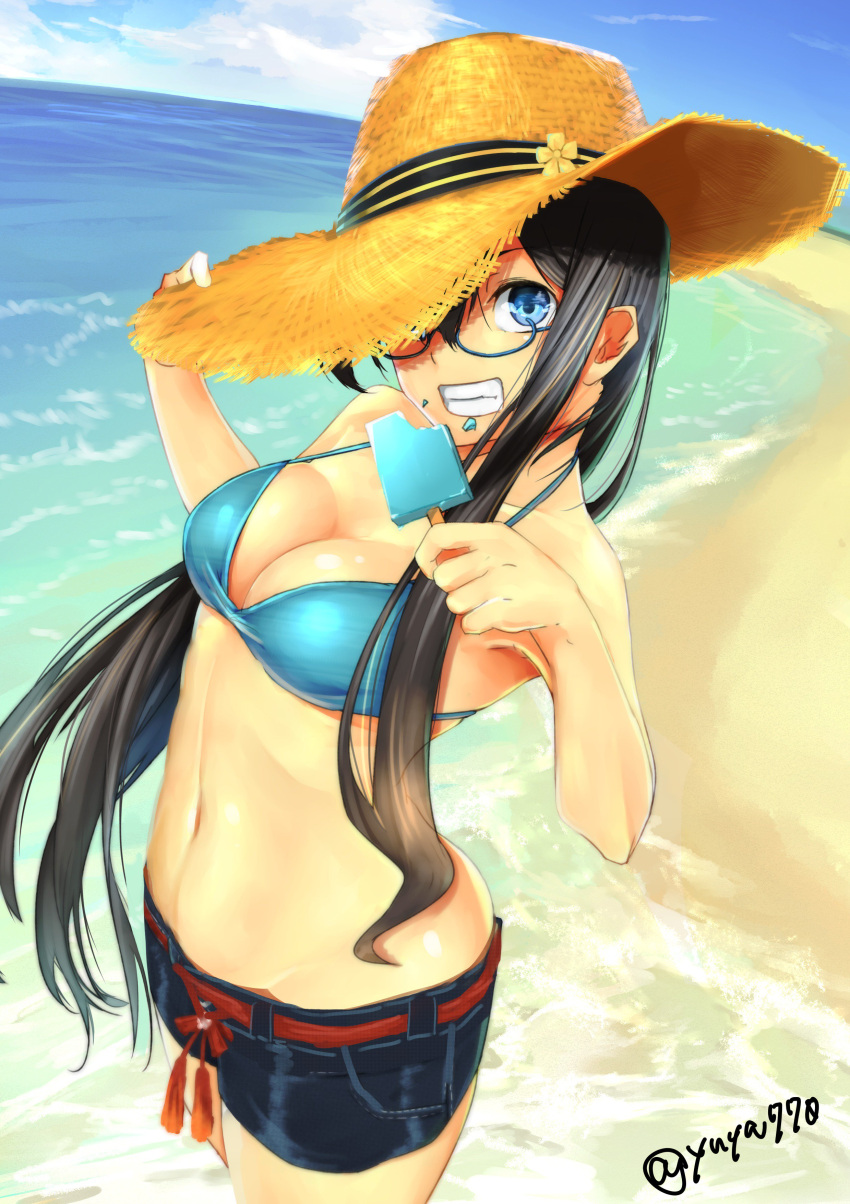 1girl, absurdres, alternate_costume, beach, belt, bikini, black_hair, blue_bikini, blue_eyes, blue_shorts, breasts, cleavage, collarbone, glasses, green, hair_between_eyes, hat, highres, kantai_collection, long_hair, looking_at_viewer, nanao_(aoyamahikari), navel, ocean, one_eye_covered, ooyodo_(kantai_collection), popsicle, shorts, solo, straw_hat, swimsuit, teeth, twitter_username, water