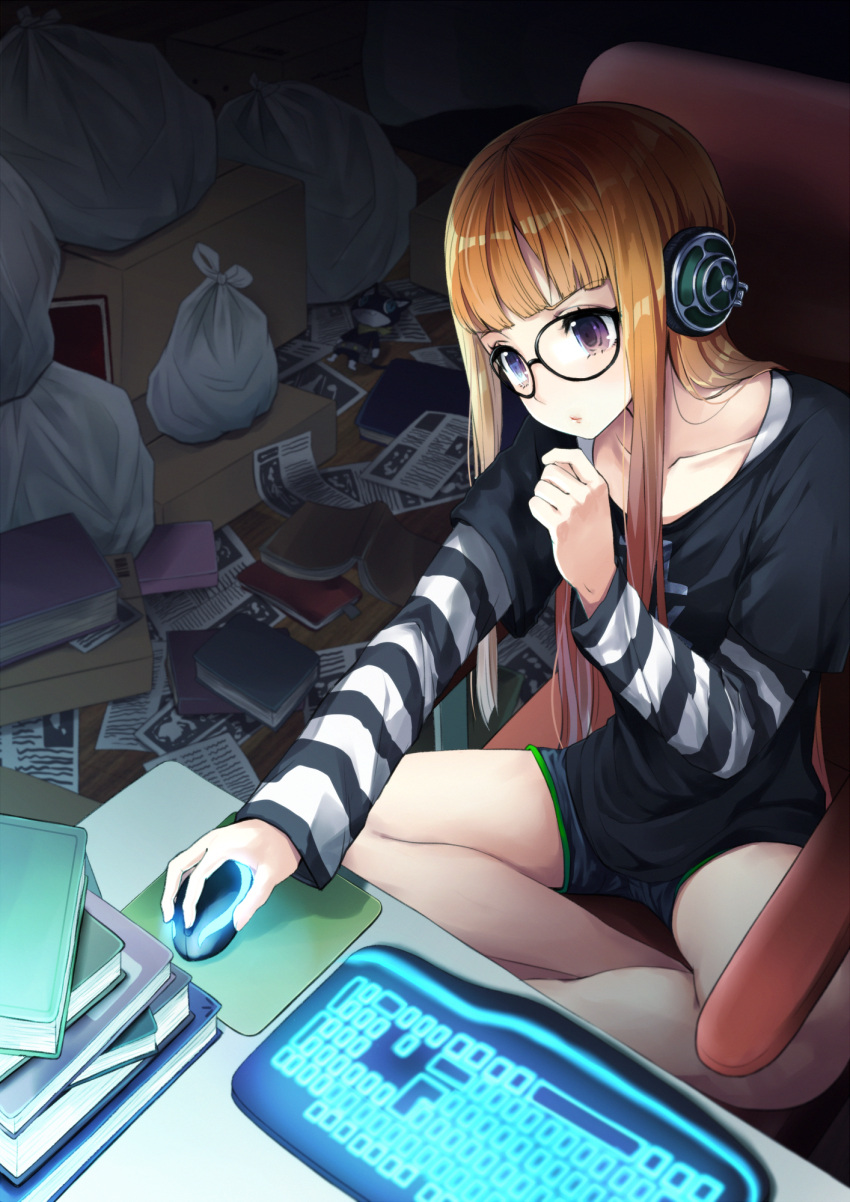 1girl, book, chair, computer_mouse, glasses, headphones, highres, long_hair