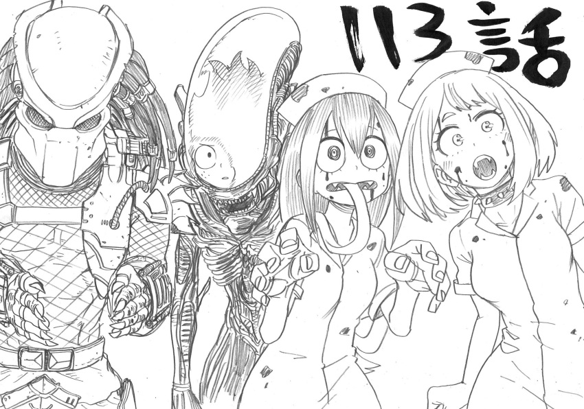 1boy, 2girls, alien_(movie), asui_tsuyu, blood, boku_no_hero_academia, collar, fangs