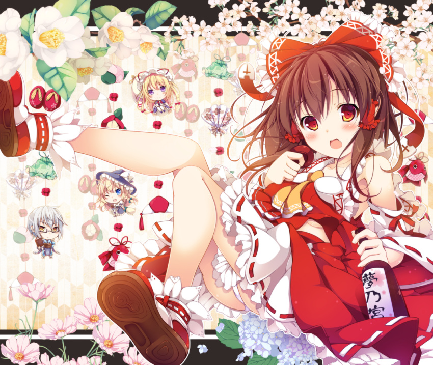 1boy, 3girls, black_hat, blonde_hair, blue_eyes, blue_flower, book, bottle