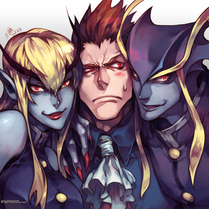 blue_skin, blush, capcom, cheek_to_cheek, demitri_maximoff, dual_persona, embarrassed, eyebrows