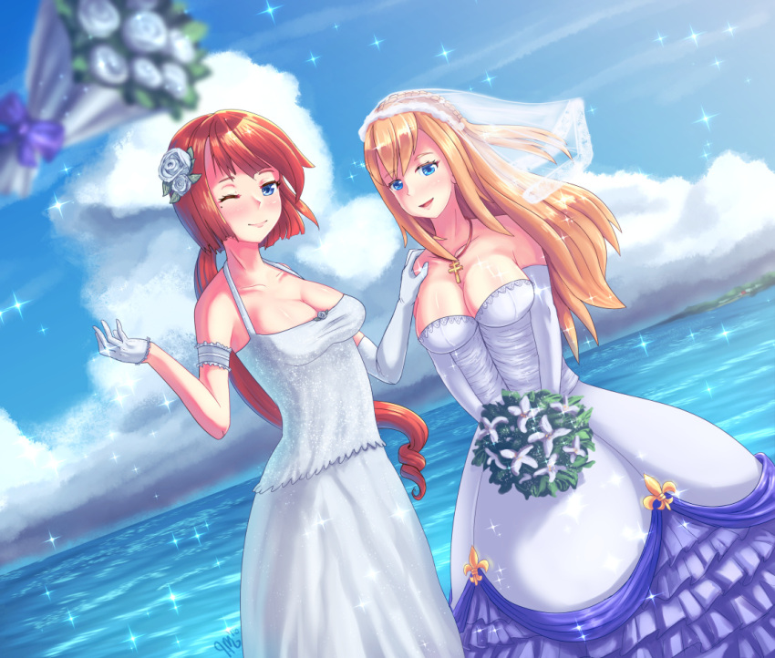 2girls, arm_garter, background, blonde_hair, blue_eyes, bouquet, bouquet_toss, breasts, bridal_veil, cleavage, clouds, cross, cross_necklace, dress, fleur_de_lis, flower, foreshortening, frilled_dress, frills, gloves, hair_flower, hair_ornament, hands_on_another's_shoulders, jewelry, lily_(flower), mignonette, multiple_girls, necklace, nelson_(zhan_jian_shao_nyu), ocean, one_eye_closed, ponytail, redhead, richelieu_(zhan_jian_shao_nyu), rose, sky, sparkle, veil, wedding, wedding_dress, white_rose, yuri, zhan_jian_shao_nyu