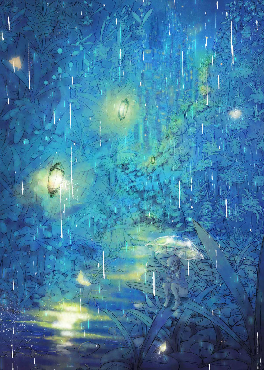 1girl, blue, city, commentary, fantasy, grass, highres, lantern