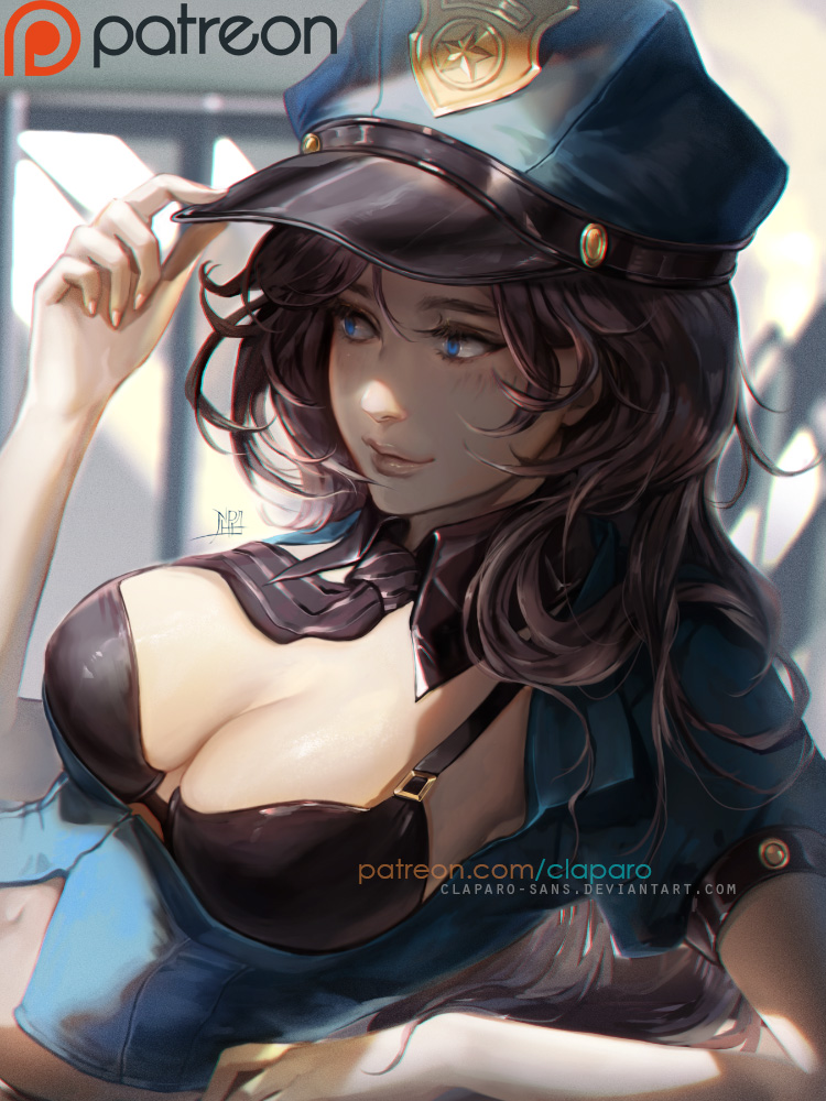 1girl, alternate_costume, black_bra, black_hair, blue_eyes, bra, breasts, caitlyn_(league_of_legends)