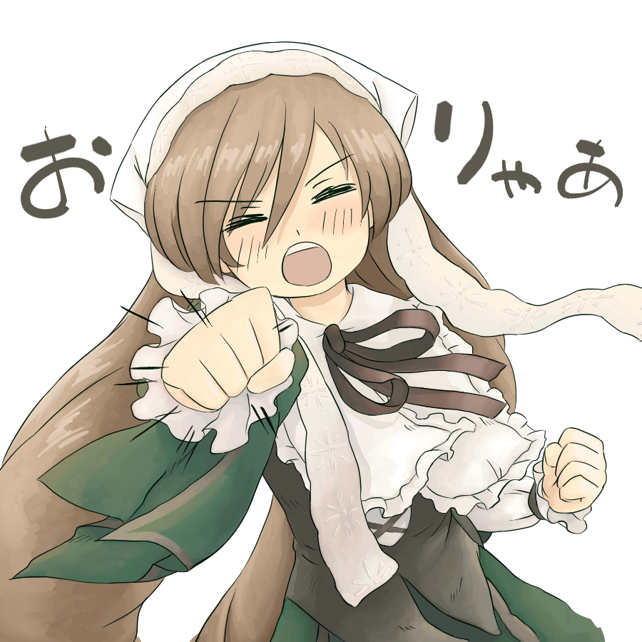 brown_hair, closed_eyes, dress, hairband, kumashiro, long_hair, open_mouth, punch