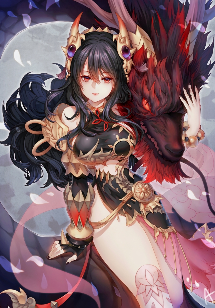 1girl, black_hair, black_nails, bracelet, breasts, dragon, jewelry, long_hair, looking_at_viewer, nail_polish, ornament, petals, red_eyes, rin_(seven_knights), seven_knights, sitting, smile