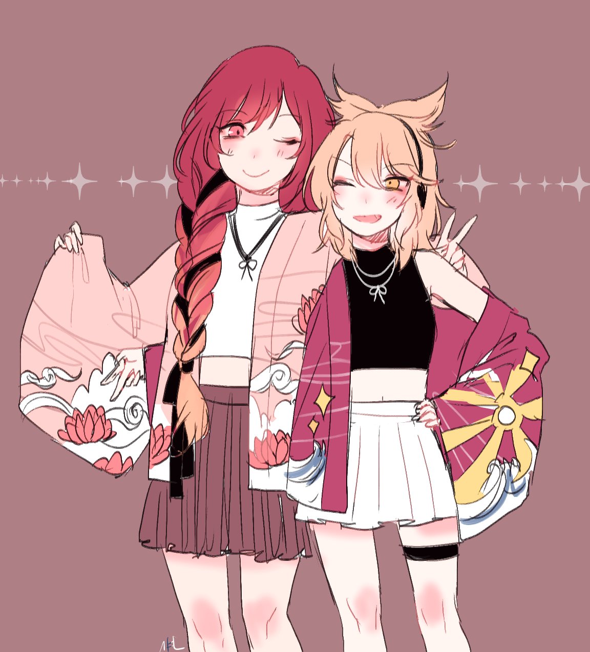 2girls, alternate_costume, bare_shoulders, blonde_hair, brown_hair, brown_skirt, casual, earmuffs
