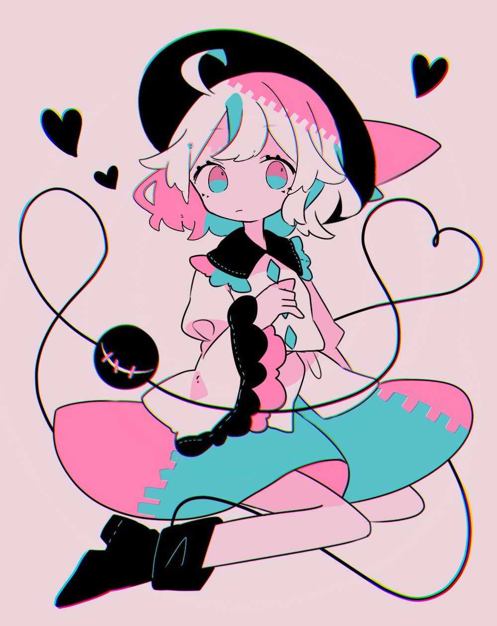 1girl, blue_eyes, bow, daizu_(melon-lemon), eyeball, hat, hat_bow, hat_ribbon