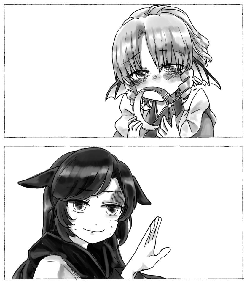 2girls, blush, cink-knic, collar, dog_collar, greyscale, imaizumi_kagerou, monochrome, multiple_girls, touhou, wakasagihime, yuri