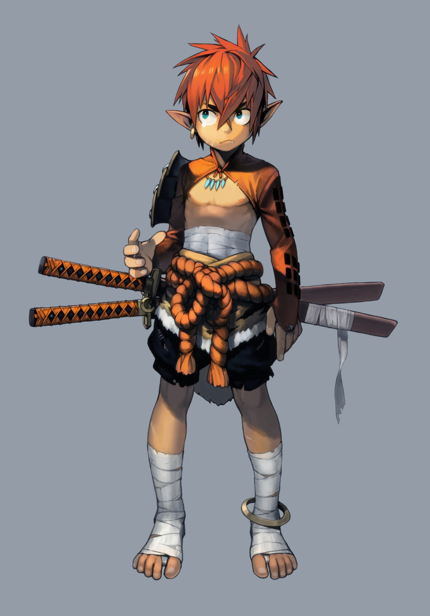 1boy, absurdres, bandages, blockun, blue_eyes, fang, highres, japanese_clothes