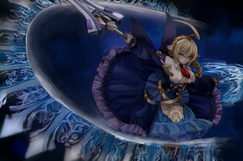 1girl, ahoge, akilico, blazblue, blonde_hair, blue_eyes, braid, breasts