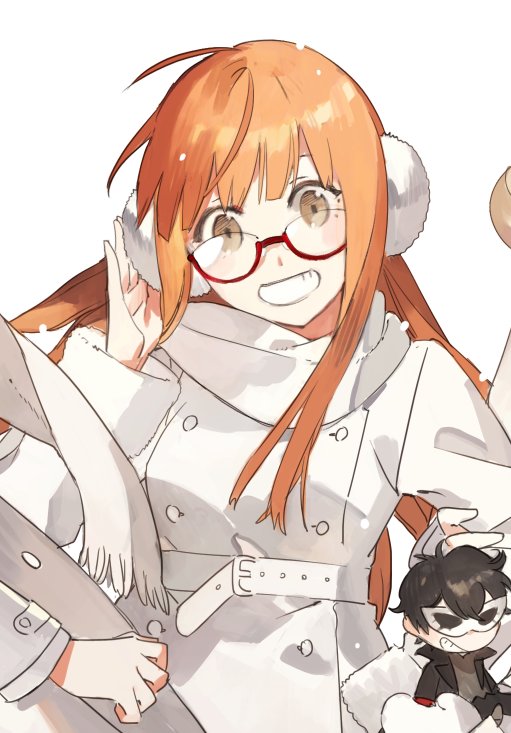 1girl, brown_eyes, earmuffs, glasses, grin, hand_on_earmuffs, kurusu_akira, orange_hair