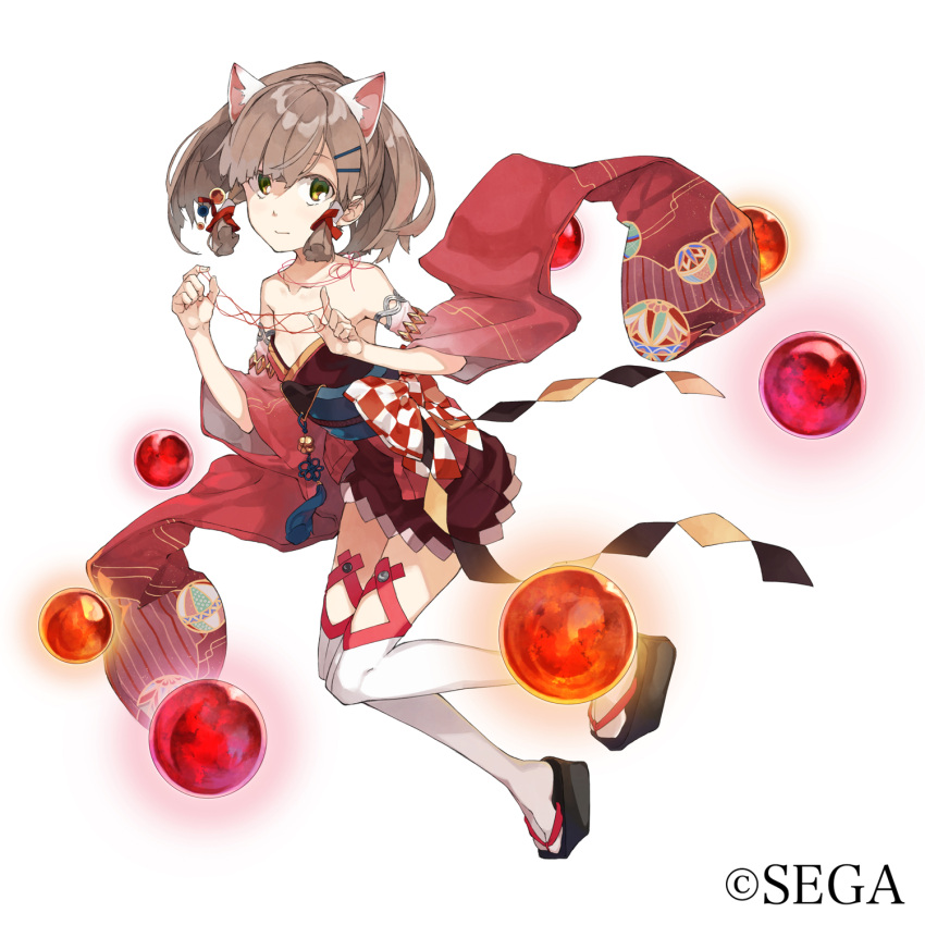 1girl, animal_ears, armband, bare_shoulders, bow, breasts, brown_hair, cat's_cradle, cat_ears, chinese_knot, clog_sandals, collarbone, detached_sleeves, falsehood, full_body, green_eyes, hair_ornament, hairclip, highres, japanese_clothes, looking_at_viewer, obi, orb, ponytail, red_string, sandals, sash, sega, short_hair, sidelocks, simple_background, small_breasts, solo, string, tabi, thigh-highs, watermark, white_background, white_legwear, wide_sleeves, world_end_eclipse