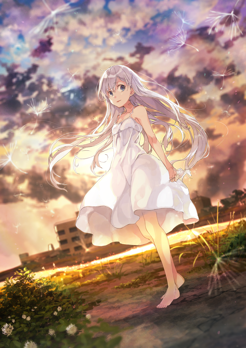 1girl, bare_shoulders, barefoot, blue_eyes, building, clouds, cloudy_sky, collarbone, dandelion_seed, dress, dutch_angle, evening, eyebrows, eyebrows_visible_through_hair, falsehood, feathers, flower, full_body, highres, long_hair, number_tattoo, original, outdoors, parted_lips, sky, solo, standing, strap_gap, sundress, tattoo, white_dress, white_hair