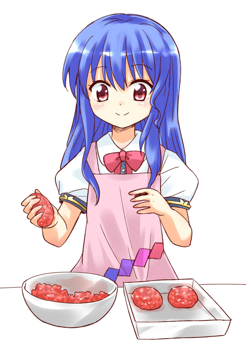 apron, baking_sheet, blue_hair, bow, bowl, bowtie, collared_shirt, cooking