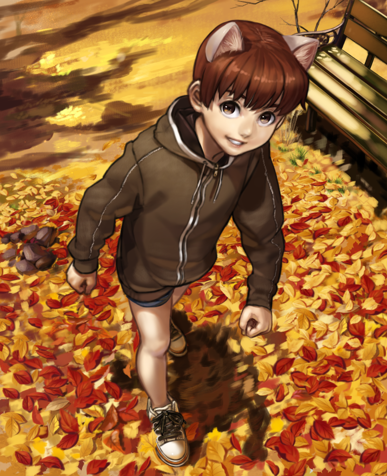 1boy, animal_ears, autumn, bench, brown_eyes, brown_hair, cat_ears, grin