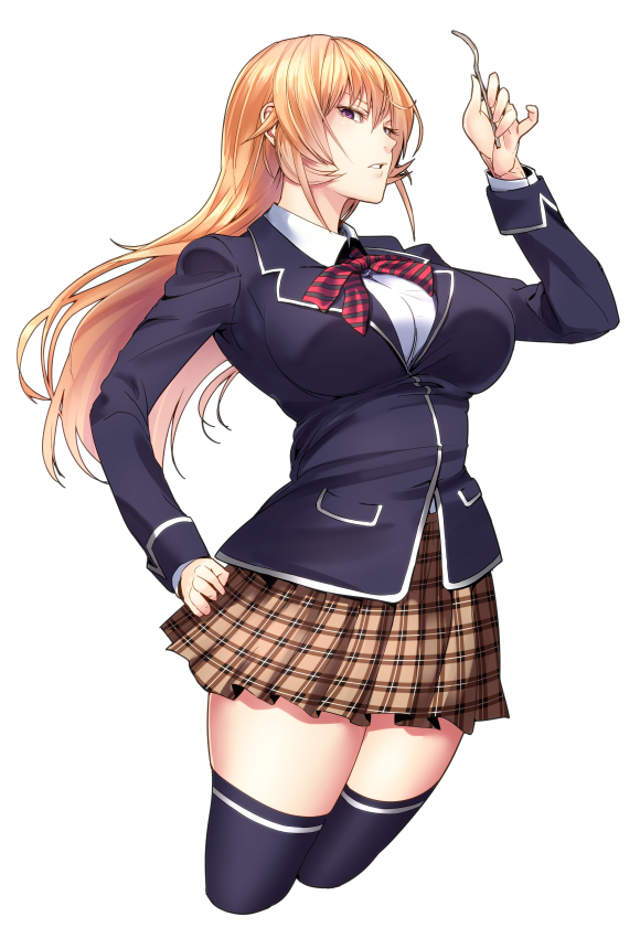 1girl, black_legwear, blazer, blonde_hair, breasts, brown_eyes, cropped_legs, fork
