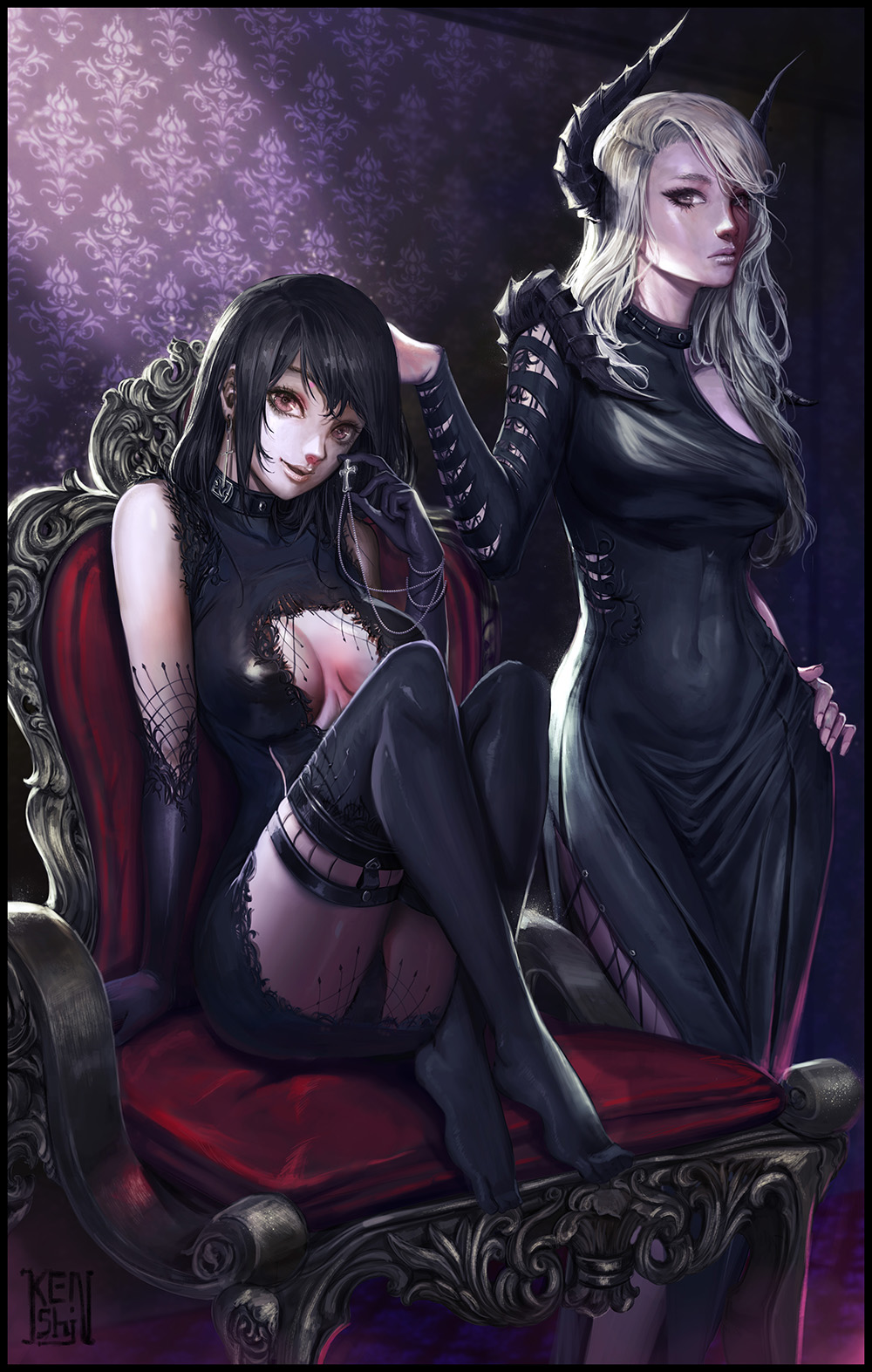 2girls, black_hair, blonde_hair, elbow_gloves, gloves, highres, horns, ken_(kenshjn_park)