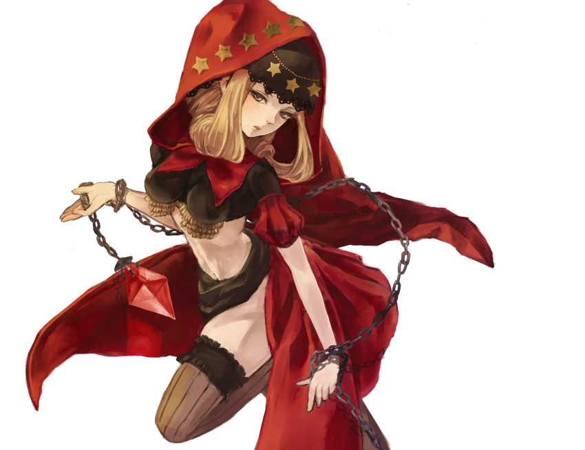 1girl, blonde_hair, breasts, cape, chain, crop_top, crystal, highres