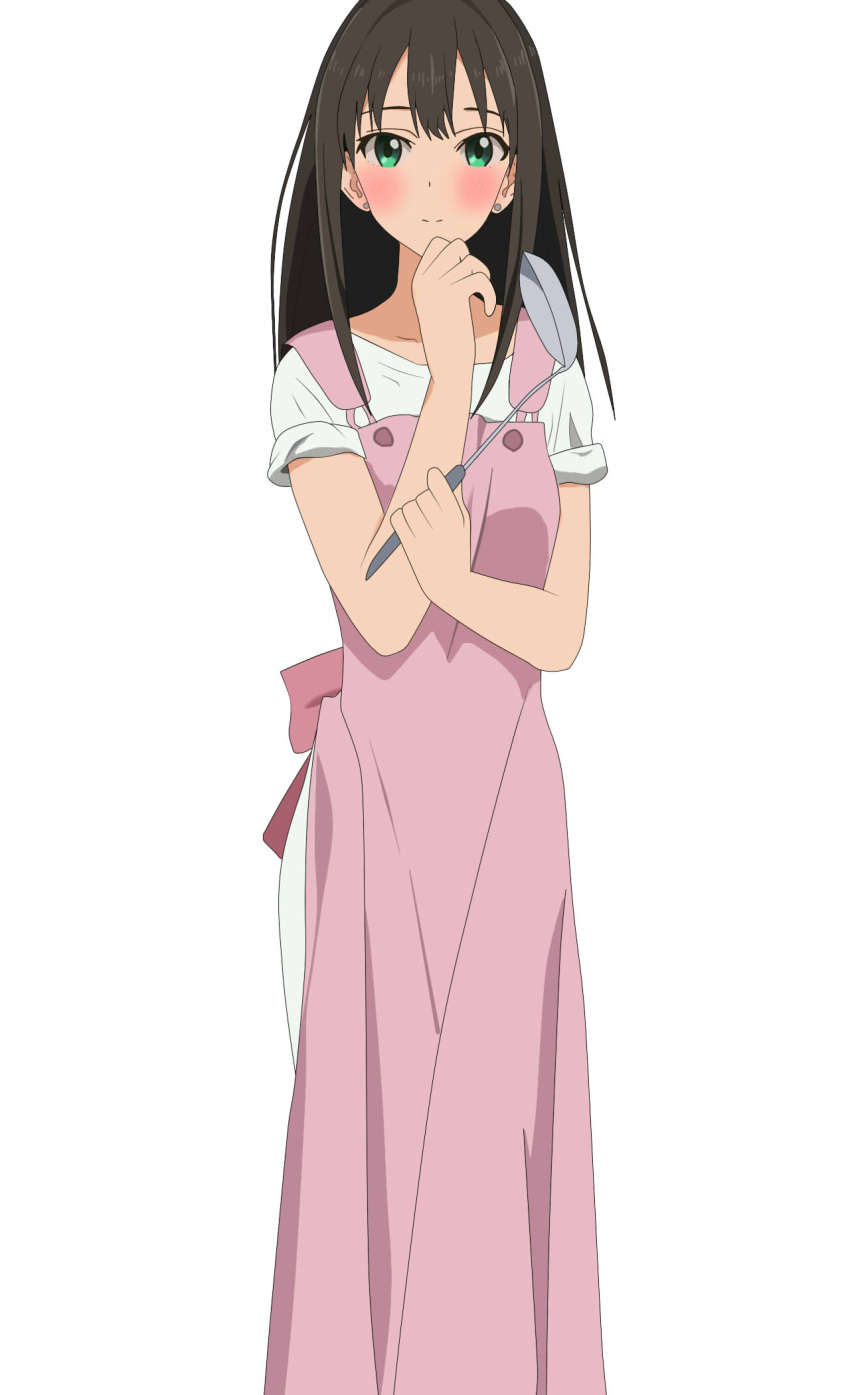 1girl, apron, black_hair, blush, eyebrows, green_eyes, highres, idolmaster