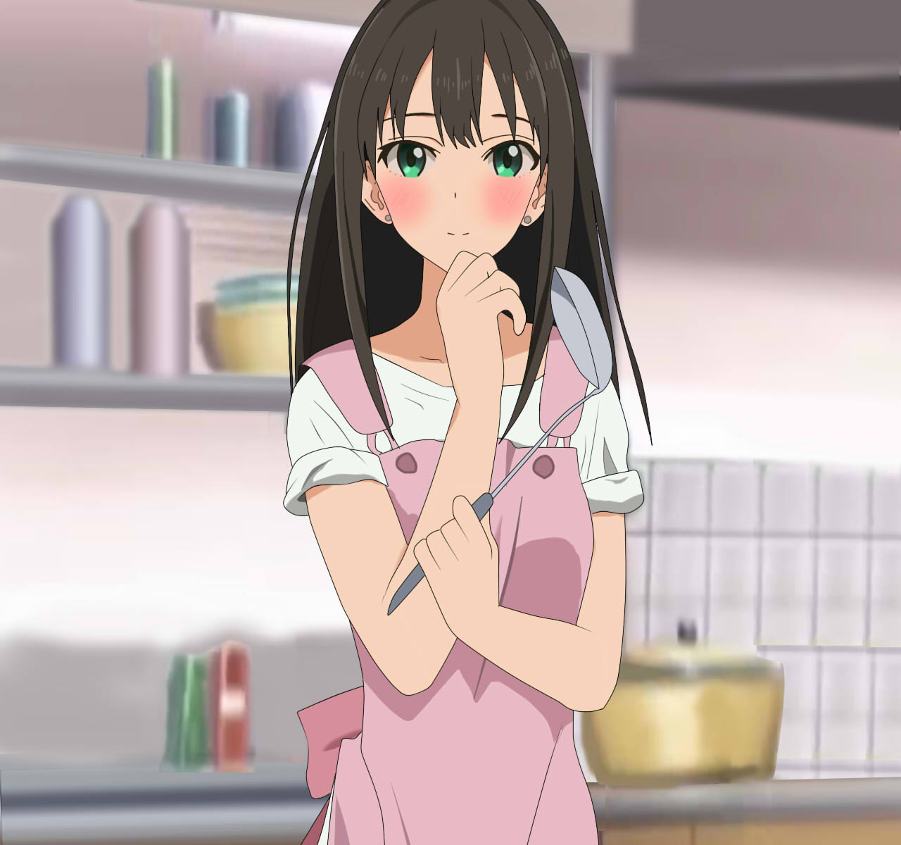 1girl, apron, black_hair, blush, commentary_request, eating, eyebrows, green_eyes