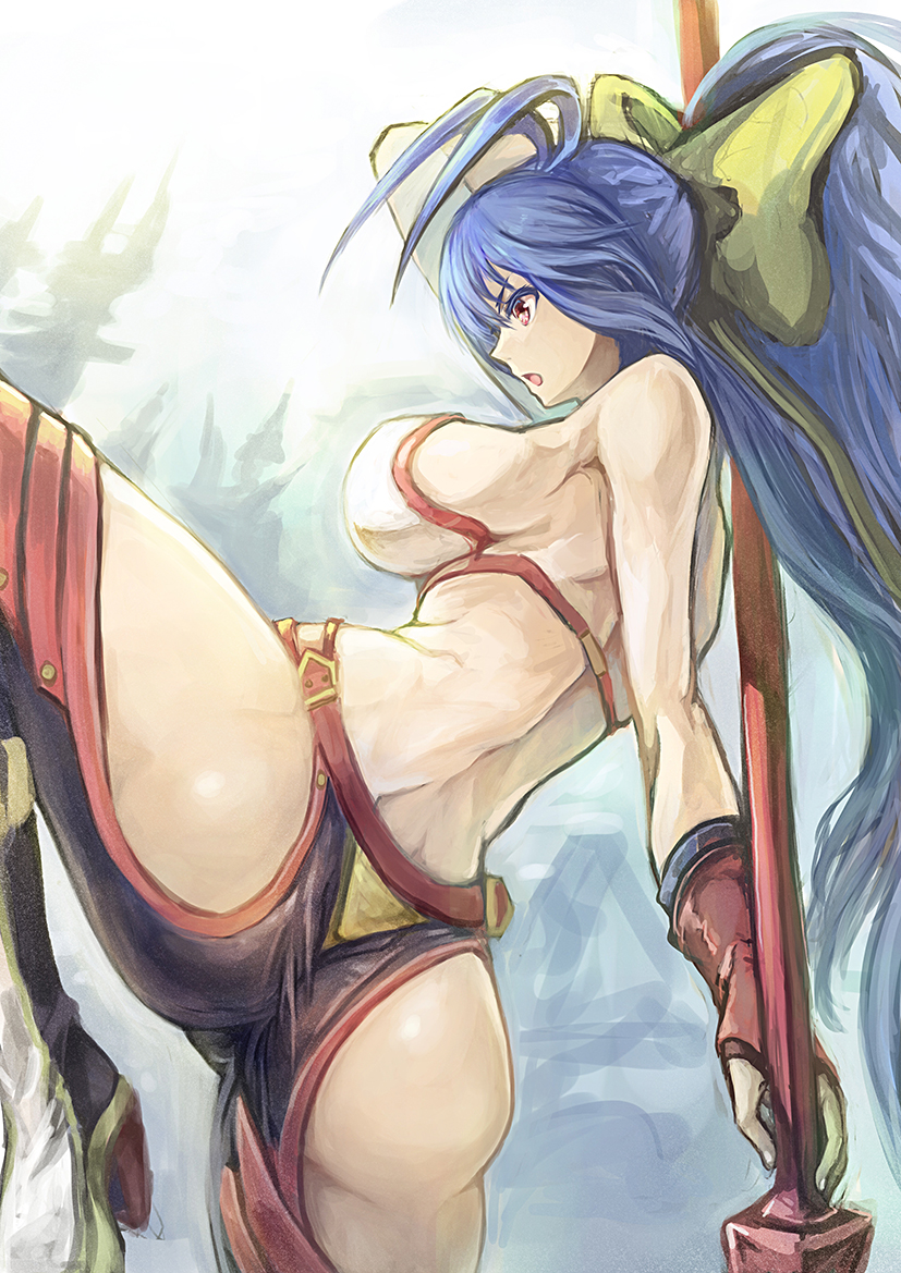 >:o, 1girl, :o, antenna_hair, armpits, ass, back, backless_outfit