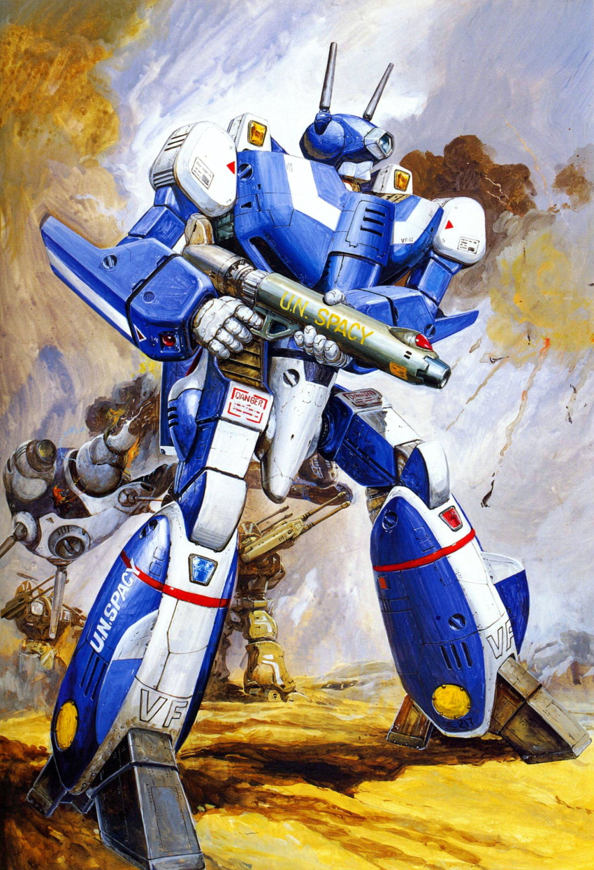 80s, absurdres, alien, battle, box_art, choujikuu_yousai_macross, damaged, debris, defender, desert, destroid, electricity, energy_cannon, epic, explosion, gunpod, highres, macross, maximilian_jenius, mecha, official_art, oldschool, painting, production_art, promotional_art, realistic, regult, scan, science_fiction, smoke, takani_yoshiyuki, traditional_media, u.n._spacy, variable_fighter, vf-1, vf-1j, walker, wreckage, zentradi