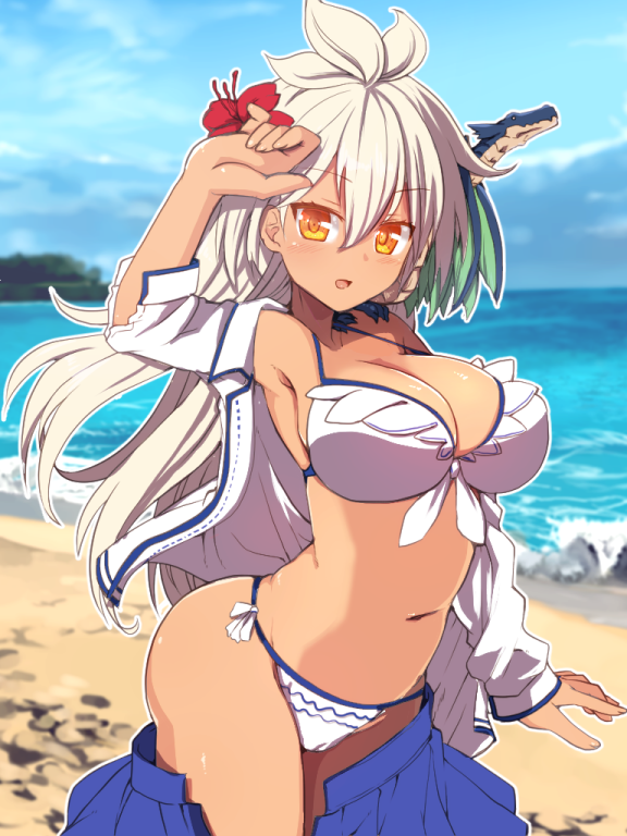 1girl, beach, bikini, bikini_under_clothes, blue_skirt, breasts, dark_skin, dragon