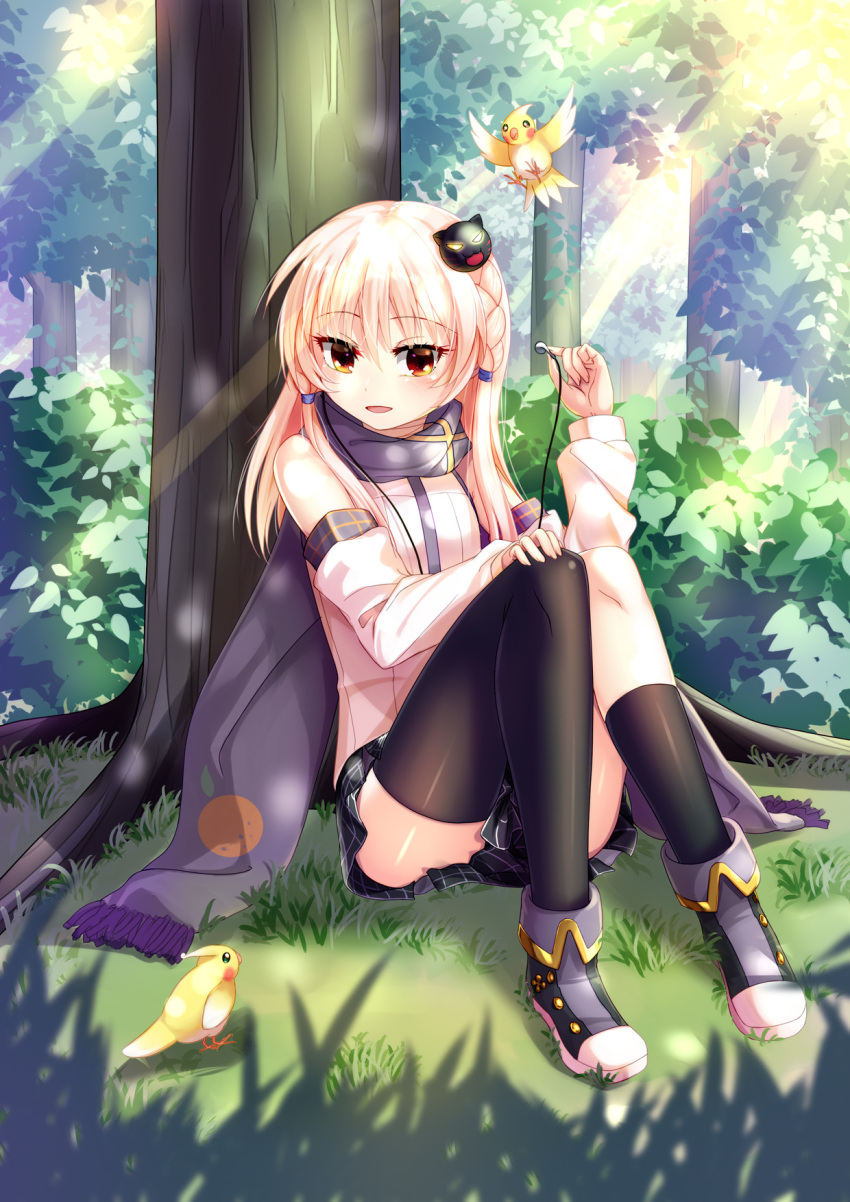 1girl, asymmetrical_legwear, bird, black_legwear, blue_scarf, blue_shoes, blue_skirt, blush